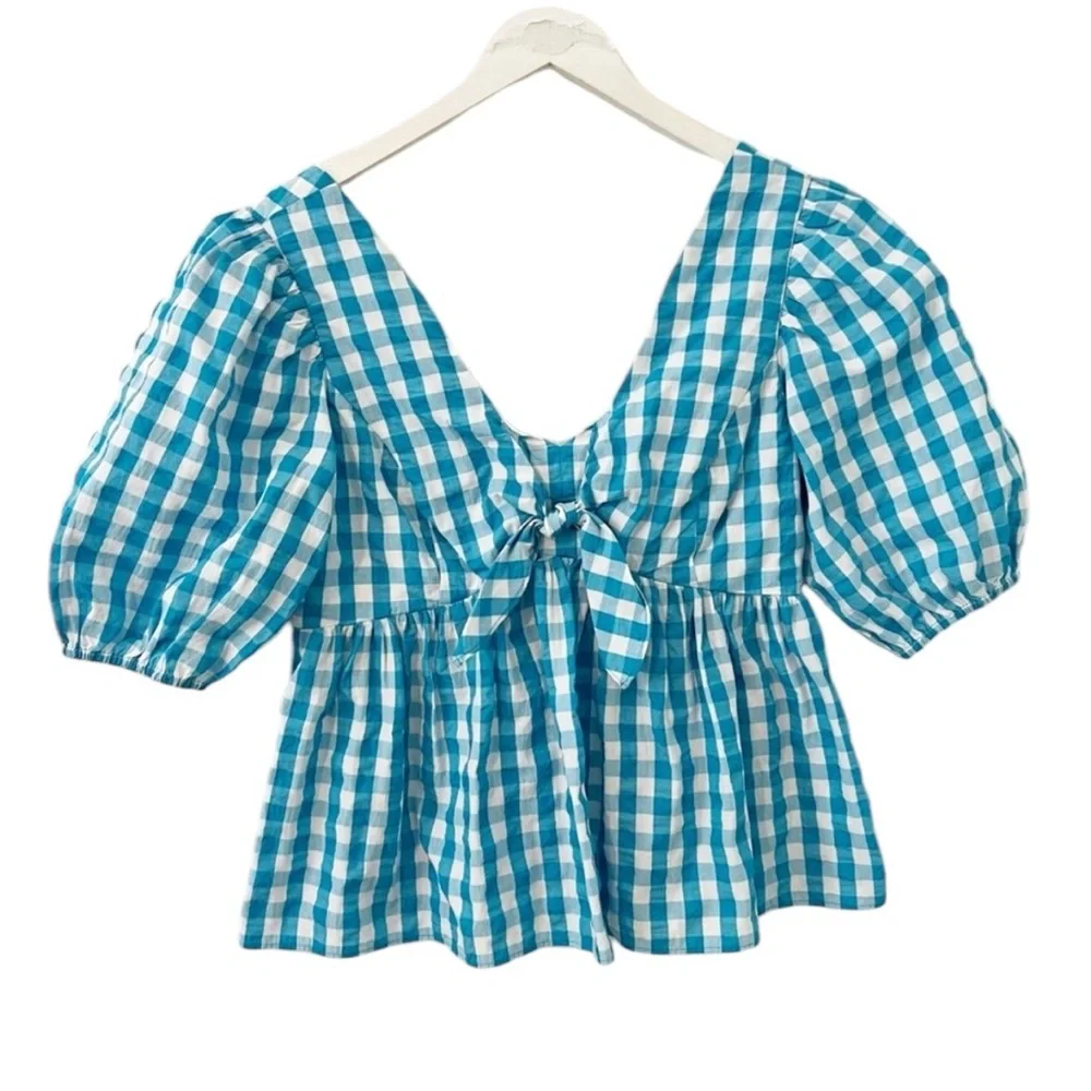 LILLY PULITZER SARAFINA BLUE GINGHAM CHECK BABYDOLL SHORT PUFF SLEEVE SMOCK TOP